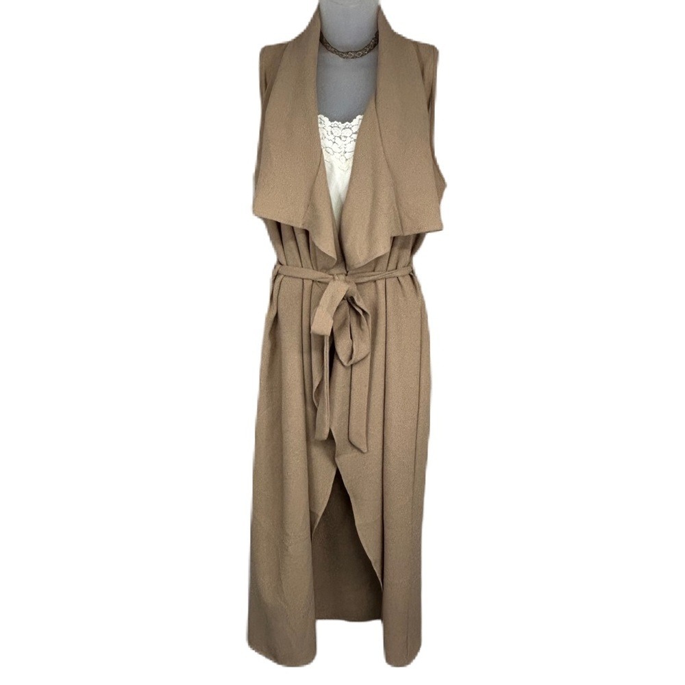My Story Longline Duster Cardigan Women S/M Sleeveless Belted Draped Front Beige